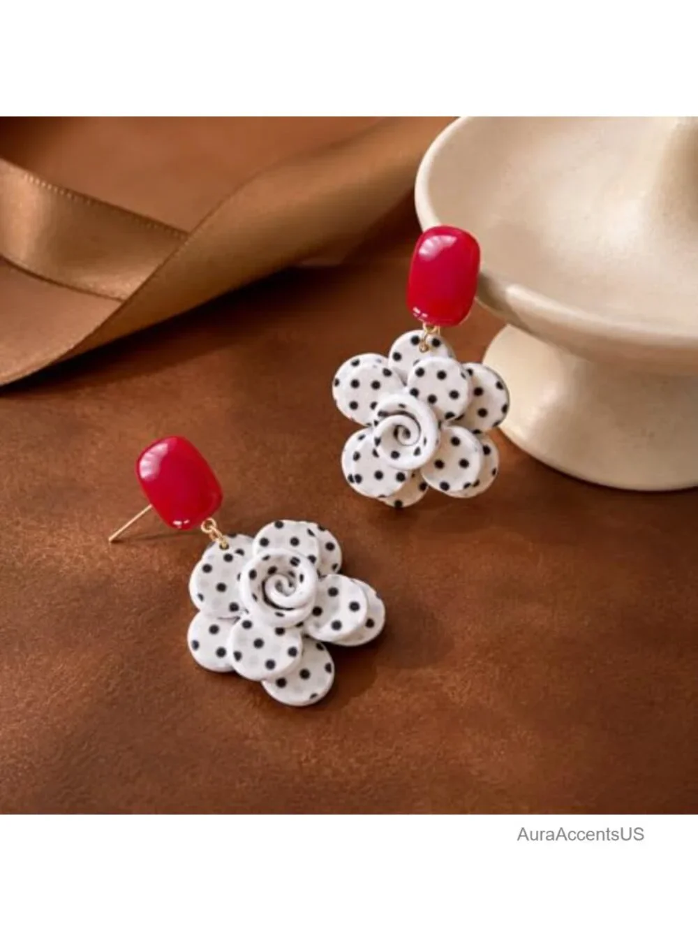 Statement Floral Drop Earrings Gold Tone Black White Polka Dot Dangle Vintage